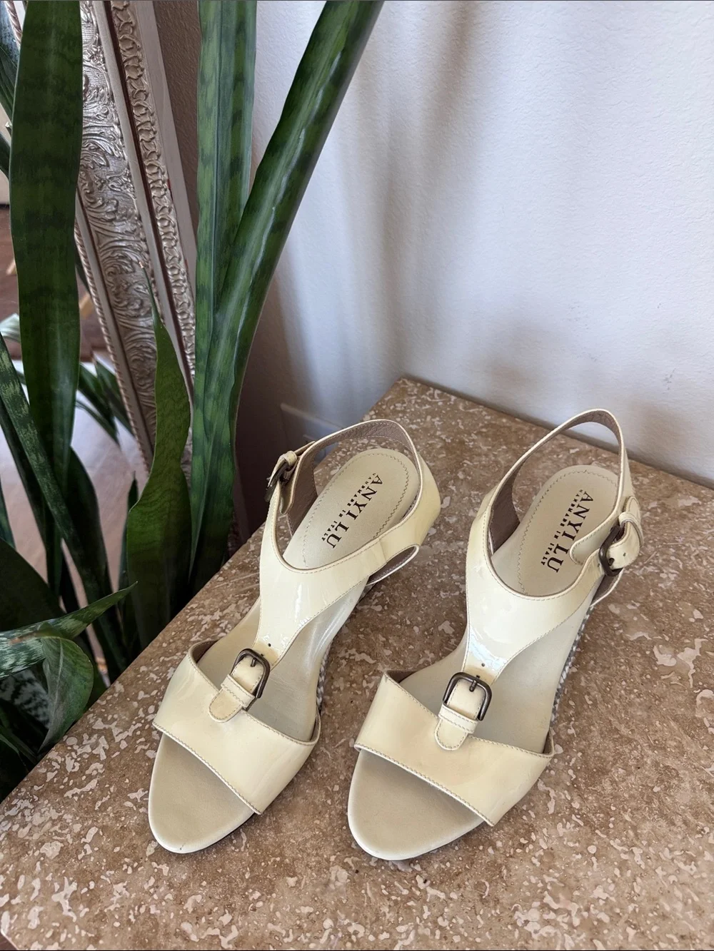 Anyi Lu Cream Patent Leather Buckle Slingback Heels Made in Italy